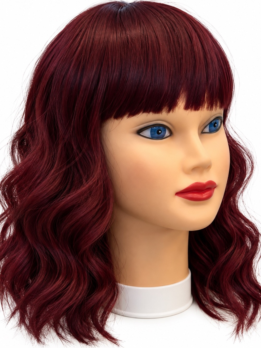 Synthetic Burgundy Wavy Bob Wig with Bangs Shoulder Length